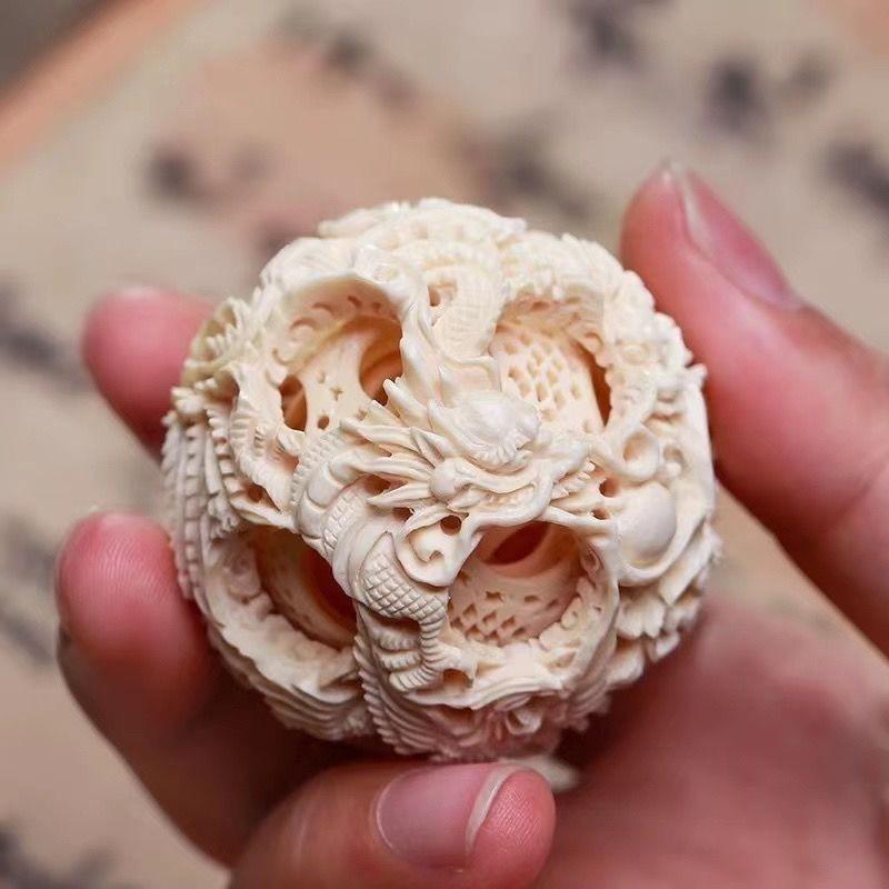 天然マンモス牙 彫刻 置物 オブジェ 鬼工球 精巧彫刻 球体 インテリア