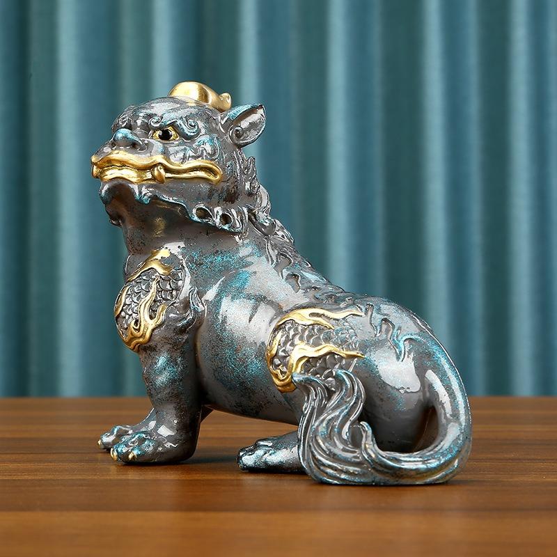 獅子 狛犬 招財 風水グッズ 黄金 ゴールド グレー 銅製 北京宮殿の門