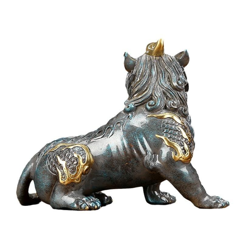 獅子 狛犬 招財 風水グッズ 黄金 ゴールド グレー 銅製 北京宮殿の門