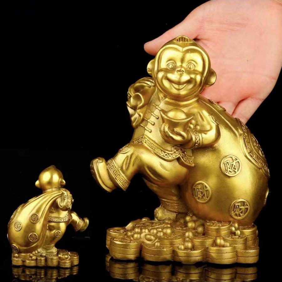 猿 置物 金色 縁起物 猿 サル 置物 オブジェ 金袋 招財 金色 ゴールド 黄金 銅製 インテリア