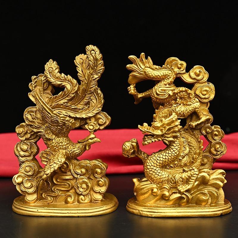 ドラゴン 龍 神龍 鳳凰 像 置物 オブジェ 2ペア 卓上置物 ゴールド