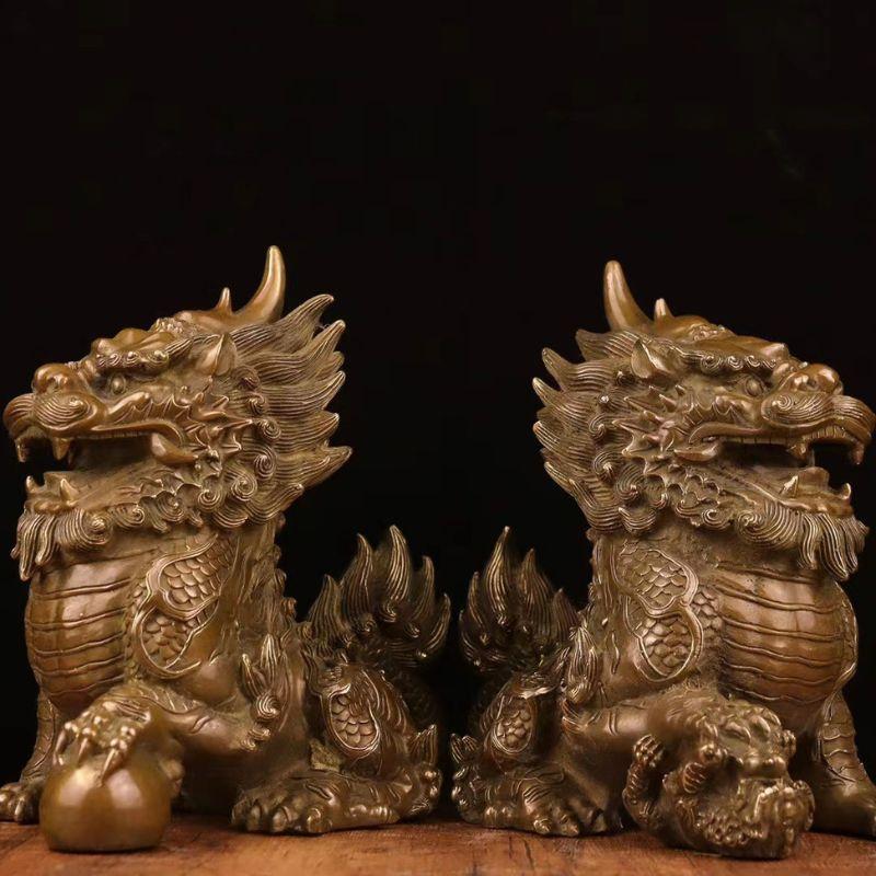風水 麒麟 置物 オブジェ ペア 麒麟像 シーサー 瑞獣 真鍮製 銅製 吉祥 瑞獣 縁起物 守護神 神獣 麒麟の置物 金運アップ 財運招来 火麒麟 風水グッズ 商売繁盛_1