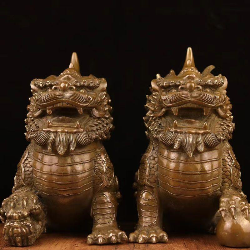 風水 麒麟 置物 オブジェ ペア 麒麟像 シーサー 瑞獣 真鍮製 銅製 吉祥 瑞獣 縁起物 守護神 神獣 麒麟の置物 金運アップ 財運招来 火麒麟 風水グッズ 商売繁盛_2