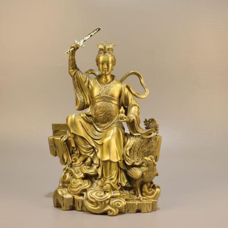 九天玄女 女神 神様 置物 坐像 黄銅製 彫刻 風水 縁起物 道教 玄関飾り