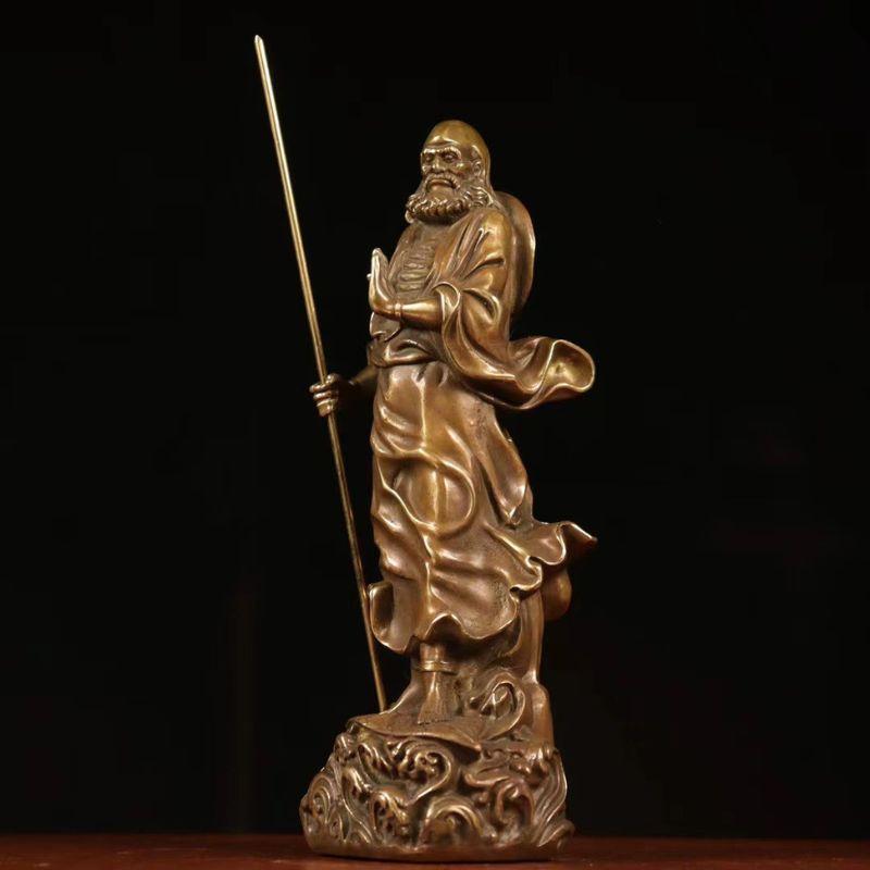 古美術　彫刻　工芸品　仏像 立像　達磨大師　置物 達磨像 仏像 立像 置物 オブジェ 禅宗 葦葉渡江 達磨大師 銅製 中国禅