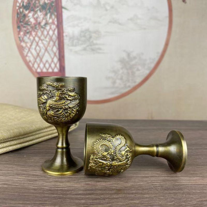 銅製 清乾隆竜鳳茶器 湯飲み 装飾品 現代工芸品 美術品 置物 ペアグラス 龍 鳳凰 風水 龍鳳杯 主人杯 ペア カップ 銅製 竜 ドラゴン