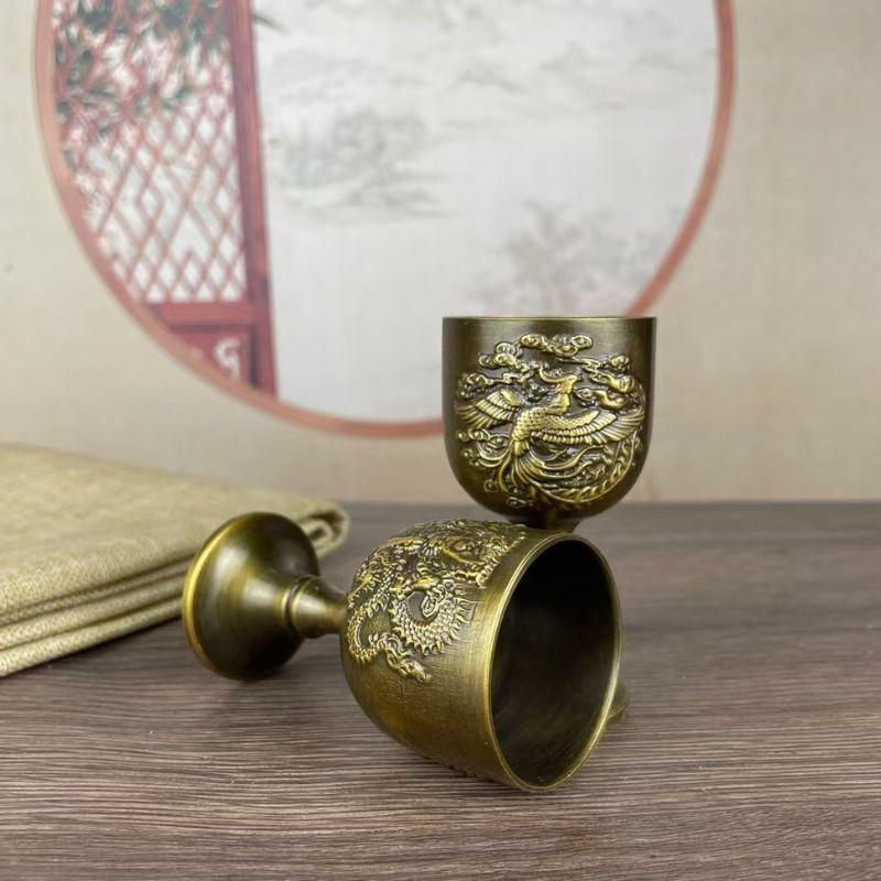 銅 細工 龍鳳分酒器 装飾品 工芸品 置物 ペアグラス 龍 鳳凰 風水 龍鳳杯 主人杯 ペア カップ 銅製 竜 ドラゴン