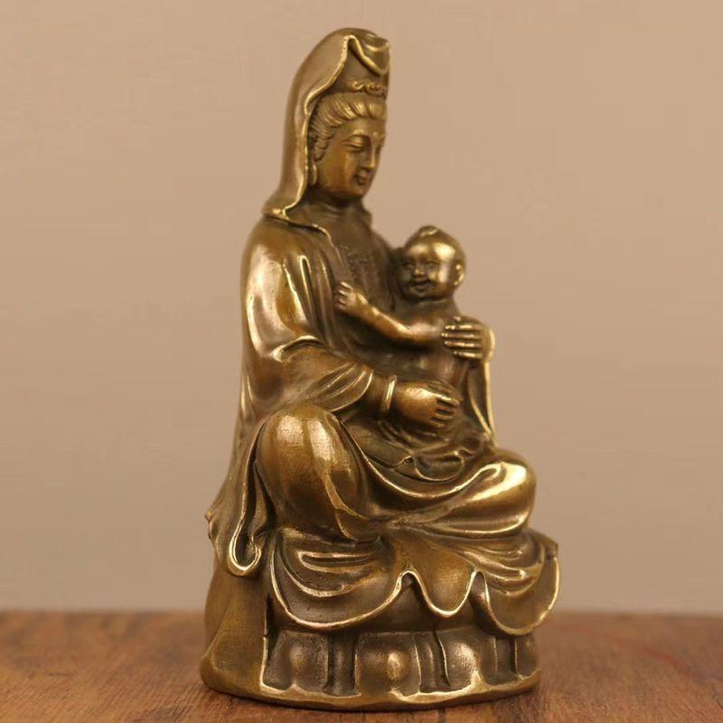 銭乗 観音 菩薩 銅製 仏像 金運 置物 開運 風水 骨董 古美術 アンティーク 中国古美術・旧蔵純赤銅製坐観音菩薩像・鏨刻鎏金錾花・高浮彫・置物