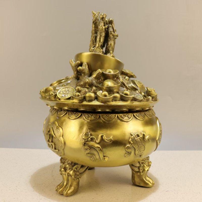 中国風水！骨董品金運真鍮置物7点セット 聚宝盆 五路財神 風水 置物 オブジェ 銅製 三足 金運 開運 元宝 八宝銭