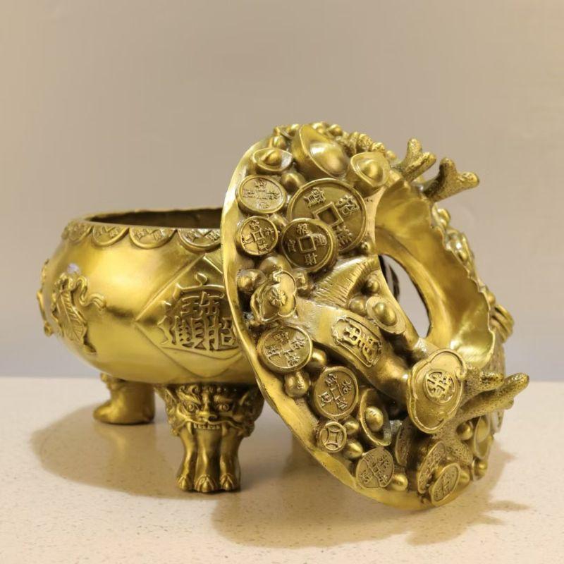 銅 細工 四大神獣 銅盤 聚宝盆鎮宅之宝 装飾品 工芸品 置物 聚宝盆 五路財神 風水 置物 オブジェ 銅製 三足 金運 開運 元宝 八宝銭