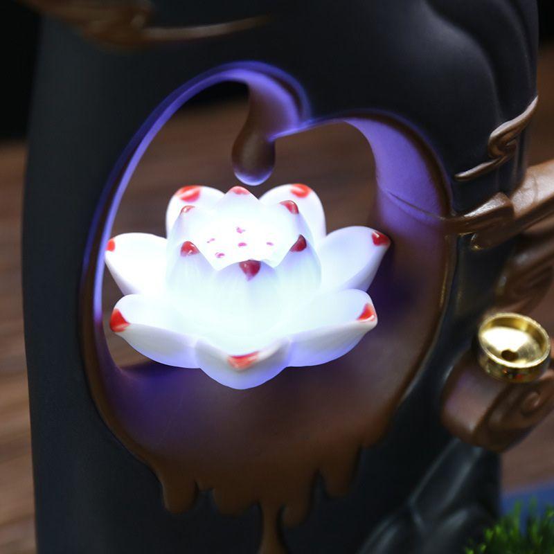 香炉 置物 蓮の花 滝流れ インテリア オブジェ LED ルームライト 風水