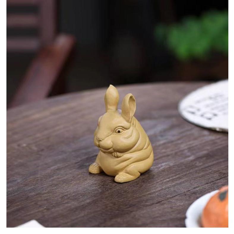 兎 うさぎ 置物 紫砂 オブジェ イエロー 手のリサイズ 可愛い 幸運