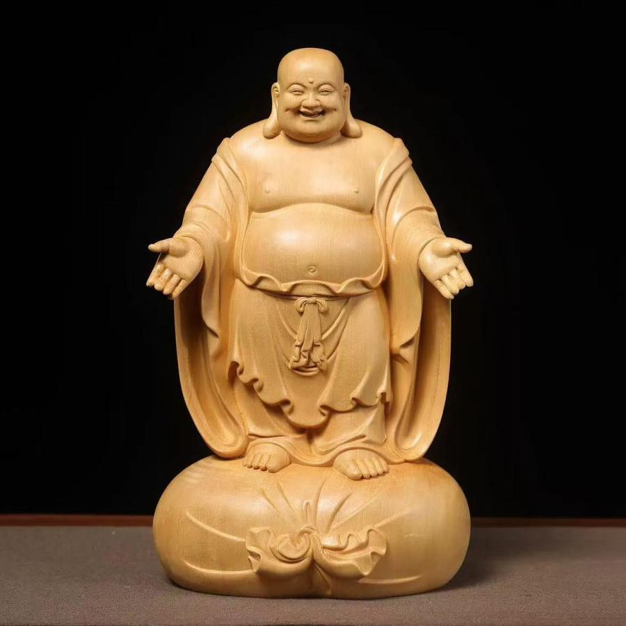 布袋様　木彫り　オブジェ 布袋様 置物 オブジェ 木製 木彫り 桧木 ナチュラル 財運 金運 運気