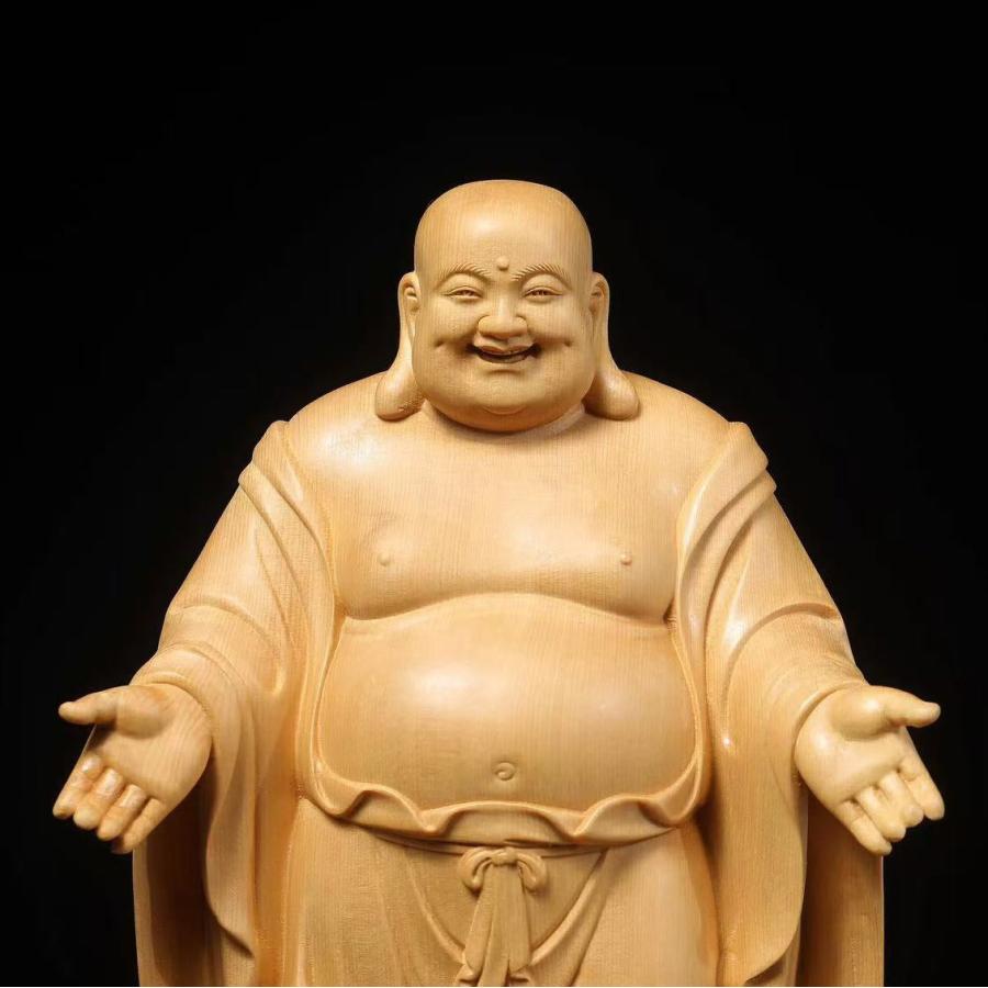 木彫り オブジェ　彫刻 オブジェ インド　神様　仏像　縁起物　魔除け　遺品整理 布袋様 置物 オブジェ 木製 木彫り 桧木 ナチュラル 財運 金運 運気
