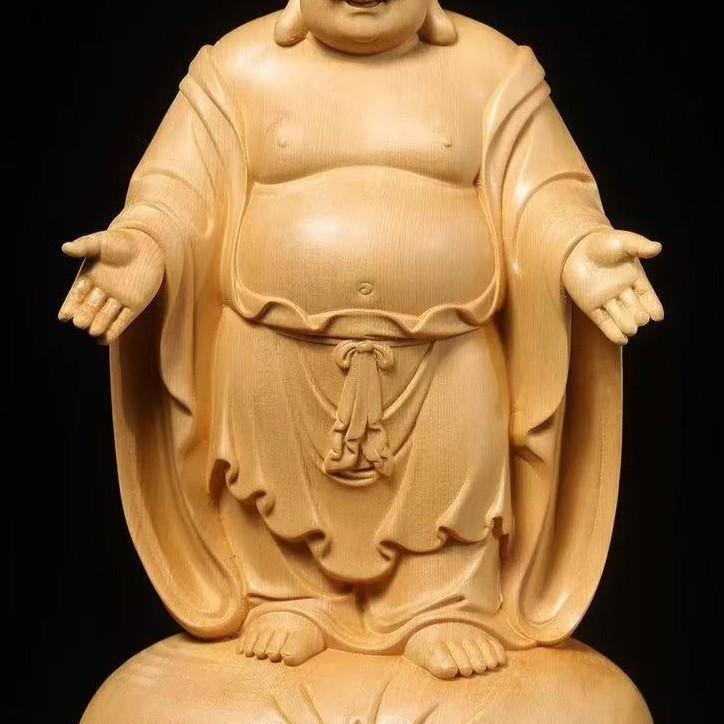 布袋様 置物 オブジェ 木製 木彫り 桧木 ナチュラル 財運 金運 運気
