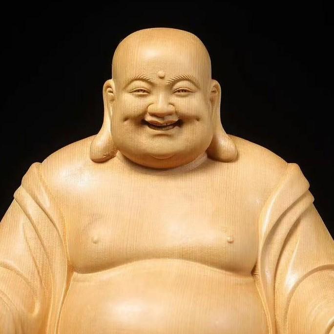 木彫り 布袋様 置物 縁起物 開運　彫刻 オブジェ 布袋様 置物 オブジェ 木製 木彫り 桧木 ナチュラル 財運 金運 運気