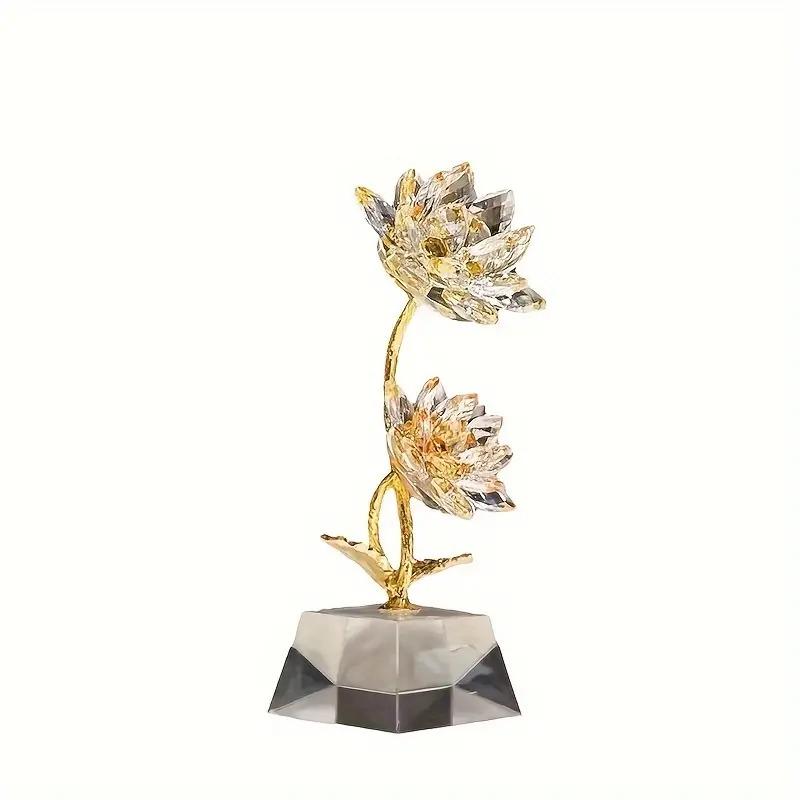 クリスタル 蓮 花 置物 オブジェ ゴールド 金色 透明 黄金 綺麗 金運