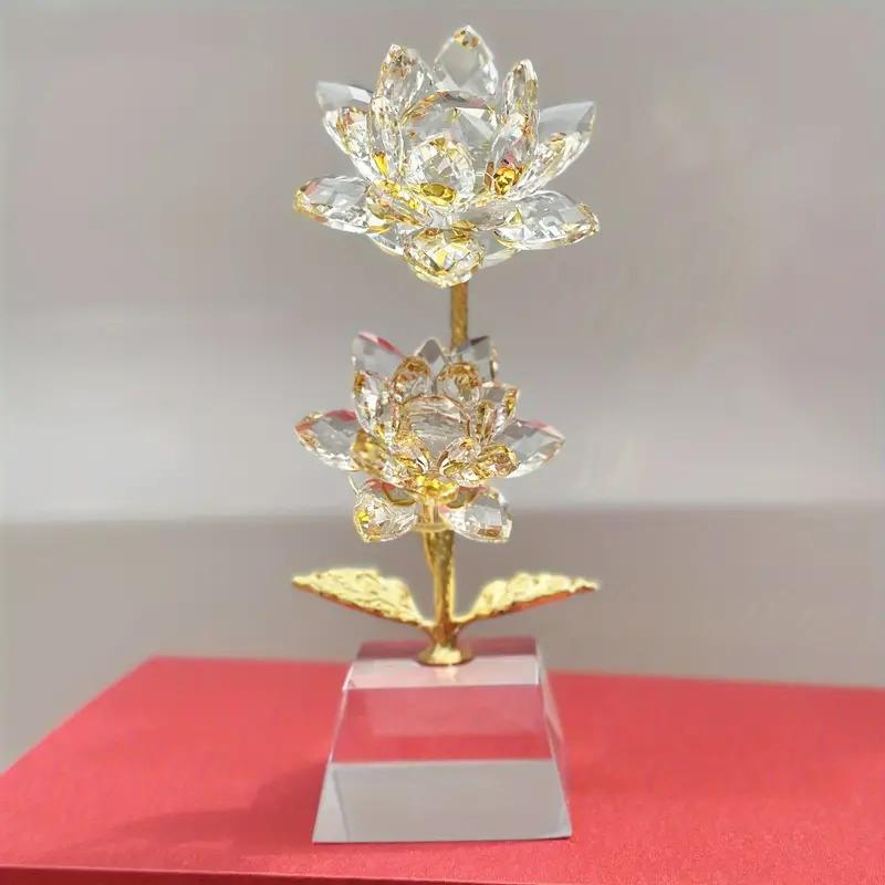 クリスタル 蓮 花 置物 オブジェ ゴールド 金色 透明 黄金 綺麗 金運