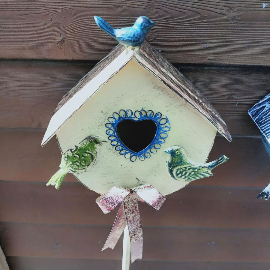 ガーデンステーク 鳥小屋 バードハウス 金属素材 イエロー ブルー