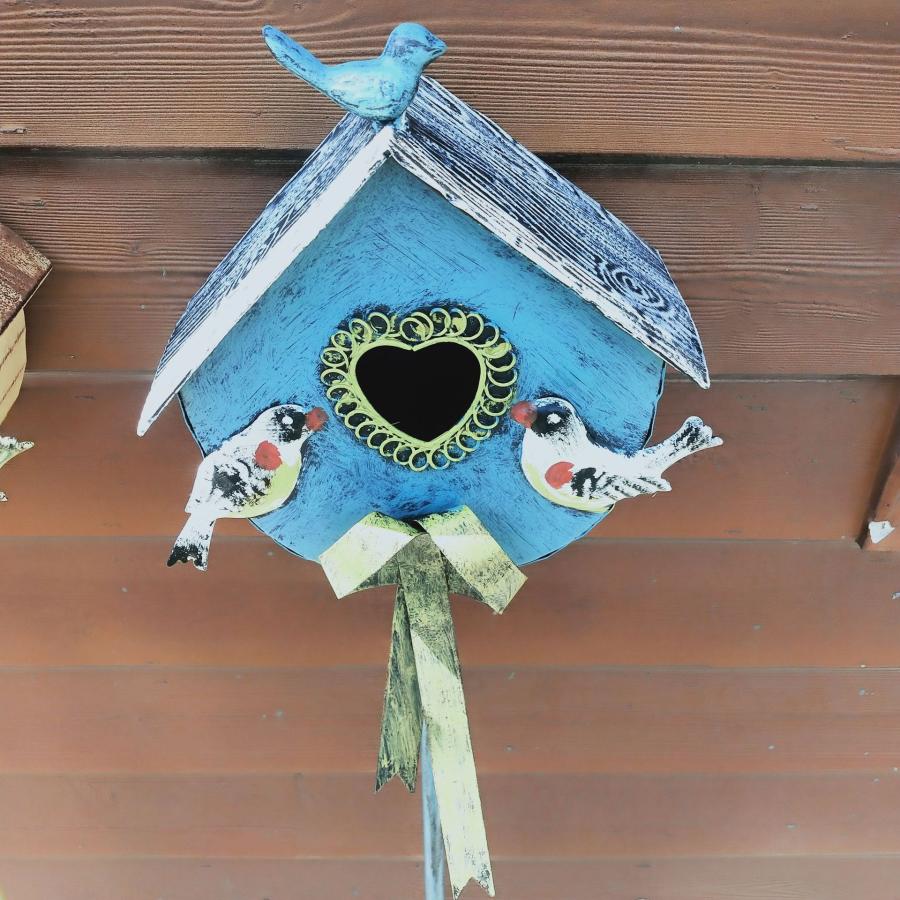 ガーデンステーク 鳥小屋 バードハウス 金属素材 イエロー ブルー