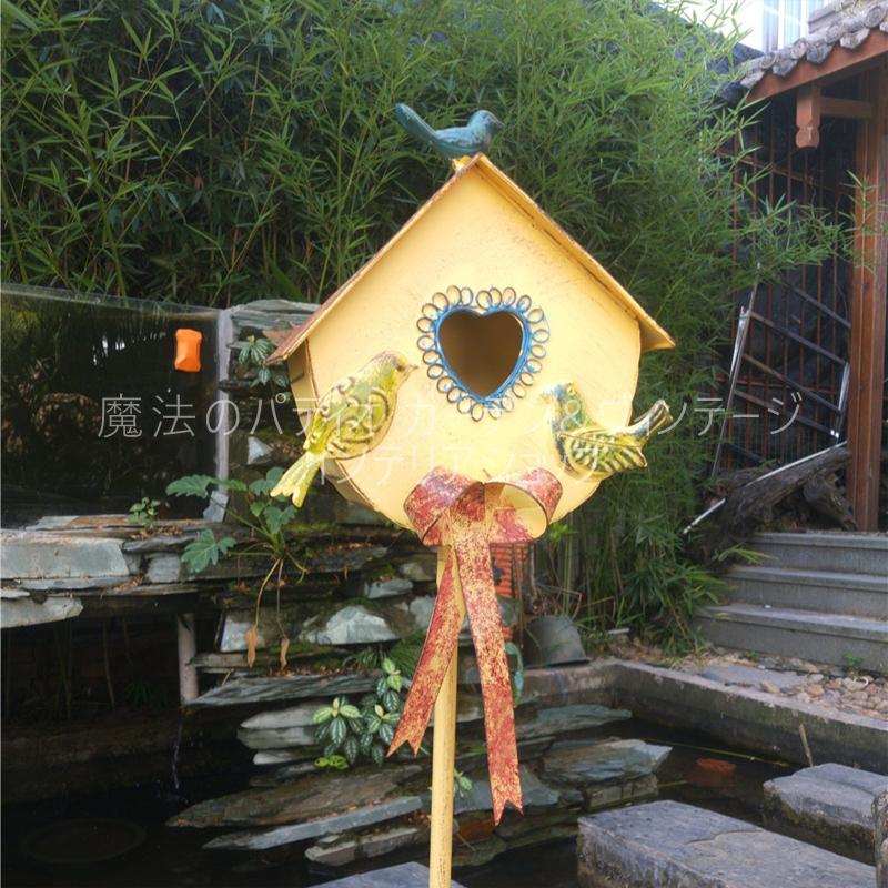 ガーデンステーク 鳥小屋 バードハウス 金属素材 イエロー ブルー