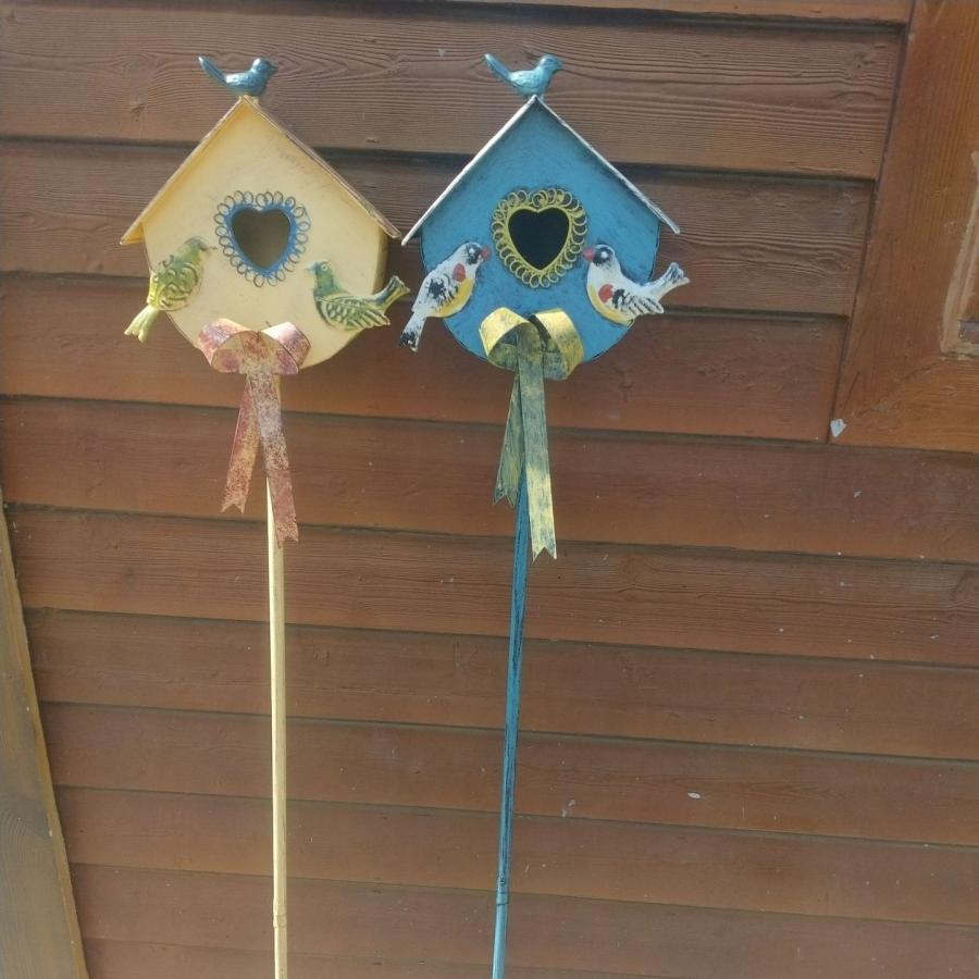 ガーデンステーク 鳥小屋 バードハウス 金属素材 イエロー ブルー
