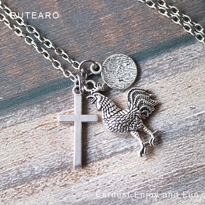 鶏 ネックレス 鳥 ペンダント クロス 十字架 シルバー にわとり 幸運