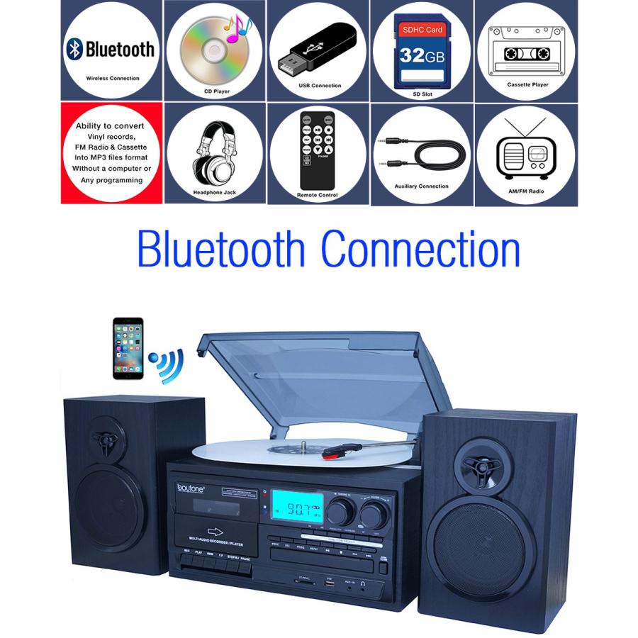品質が完璧 Boytone BT-28SPB， Bluetooth Classic Style Record Player Turntable with AM/FM Radio， Cassette Player， CD Player， 2 Separate Stereo Speakers， Record Vin