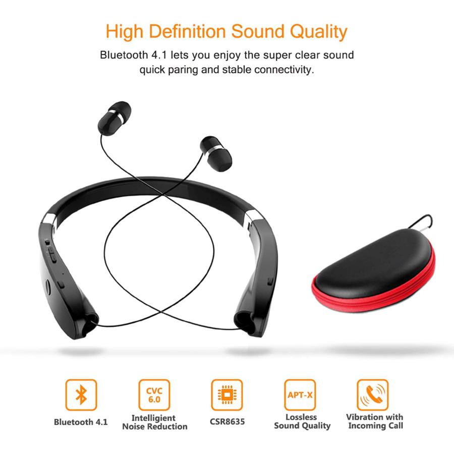 多数販売 Foldable Bluetooth Headset， Beartwo Lightweight Retractable Bluetooth Headphones for Sports＆Exercise， Noise Cancelling Stereo Neckband Wireless Heads