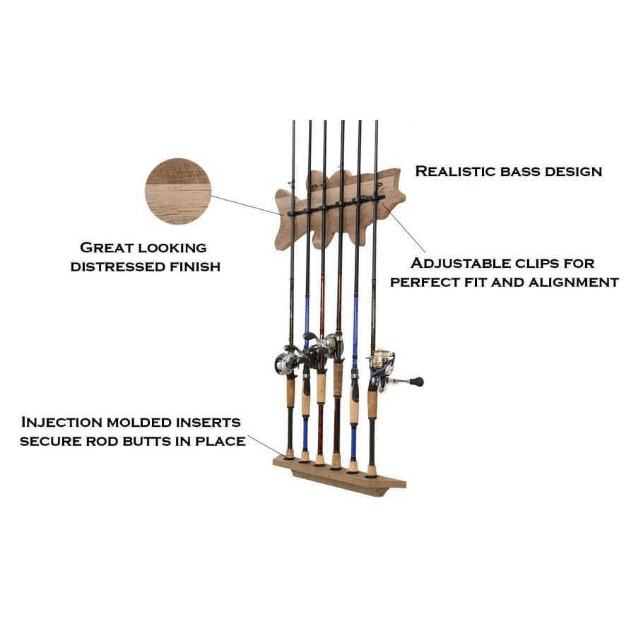 値段が激安 低音の魚形の釣り竿収納用ロッドロッドラック、6ロッド容量、24×12×3、苦しめられた木の仕上げ、NDBWR-006