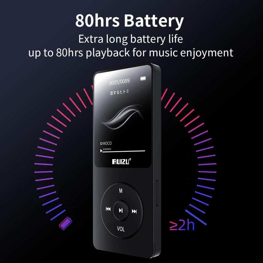 型番 Mp3 Player，RUIZU X02 16GB Ultra Slim Music Player，Long Battery Life Mp3 with FM Radio， Voice Recorder， Video Play， Text Reading， 80 Hours Playback and