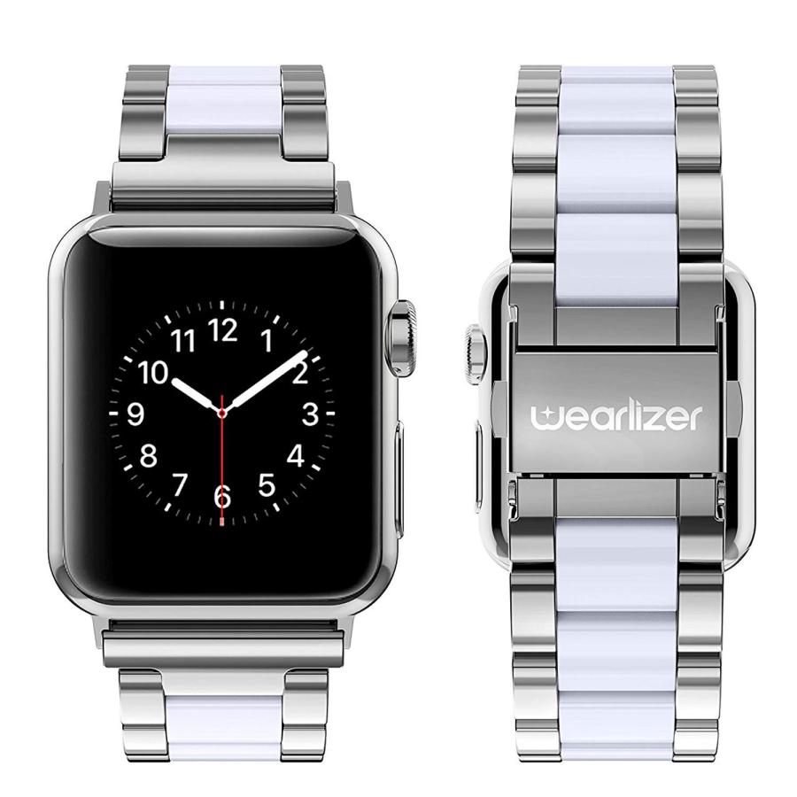 ファッションアイテムを Wearlizer Compatible with Apple Watch Band 42mm 44mm 45mm 49mm Fashion Silver Womens Mens， Stainless Steel Strap White Resin Wristband Replacement Br