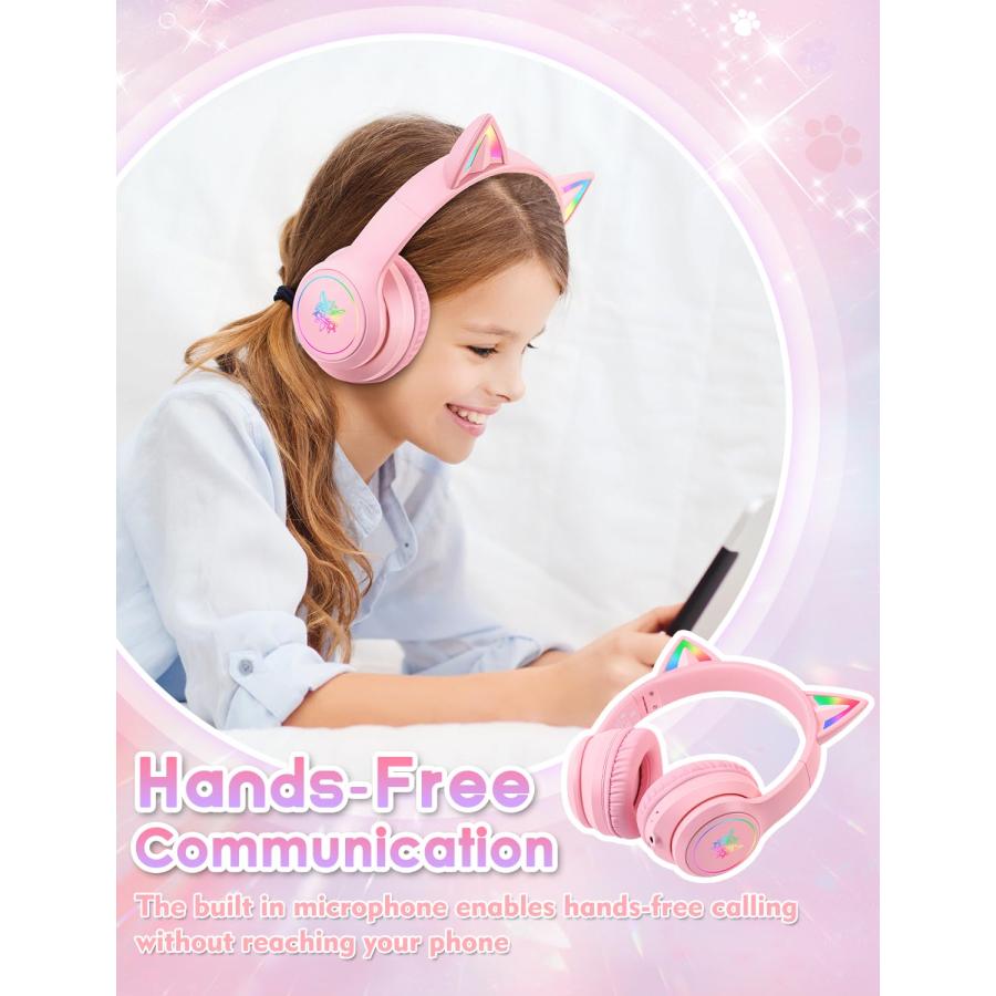 セール実施中 Bluetooth Kids Headphones with Microphone， Cat Ear LED Light Up and 85dB Volume Limiting Toddlers Study Headphones， Wireless Foldable HI-FI Sound Over