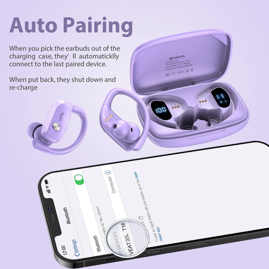 ホット販売 Wireless Earbuds Bluetooth Headphones 48hrs Play Back Sport Earphones with LED Display Over-Ear Buds with Earhooks Built-in Mic Headset for Workout Bl