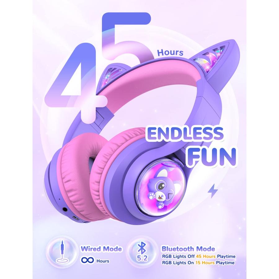 新作商品 Kids Bluetooth Headphones， BTH19 Cat Ear Kids Headphones LED Lights Up， 74/85/94dBA Volume Limited， 45H Playtime， Wireless Headphones Over Ear with Mi