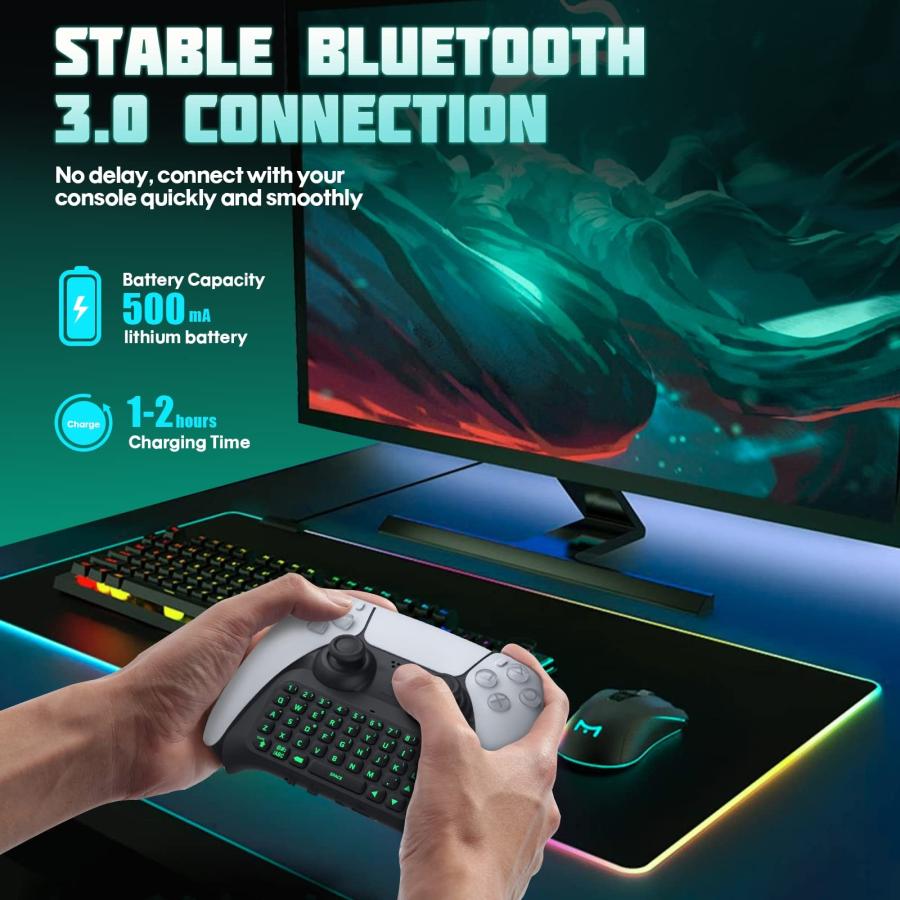 パソコン TiMOVO Green Backlight Keyboard for PS5 Controller， Wireless Bluetooth Keypad Chatpad for Playstation 5 Controller， Mini Game Keyboard Built-in Speake
