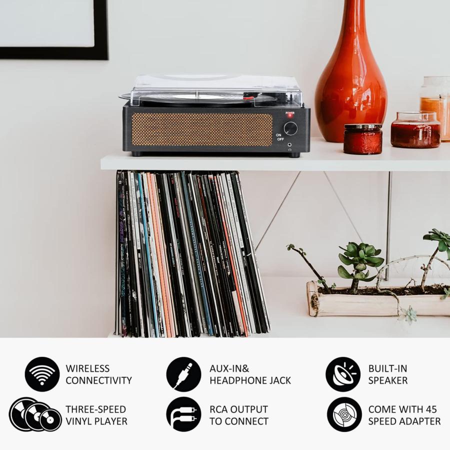 新品特売 Vinyl Record Player with Speakers Vintage Turntable for Vinyl Records Belt-Driven Turntable Support 3-Speed， Wireless Playback， Headphone， AUX-in， RCA