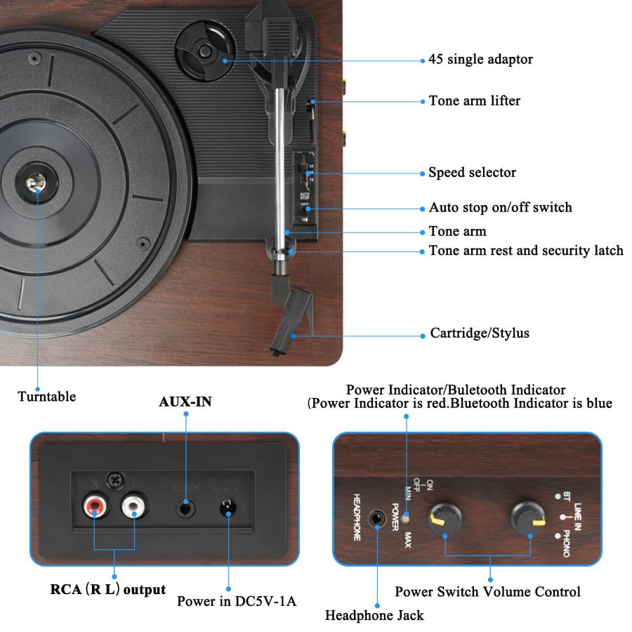 最大の割引 Vintage Bluetooth Record Player，Turntables for Vinyl Records，3-Speed Vinyl Record Player with 2 Built in Stereo Speakers，Turntable Record Player，Hi-Fi