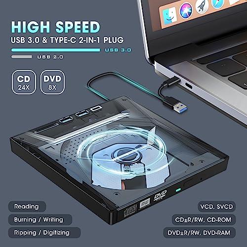 ご購入商品 ROOFULL External CD DVD +/-RW Drive with SD Card Reader and USB 3.0+2.0+Type-C Input Ports， CD/DVD Burner Player Reader Writer Optical Disk Drive for