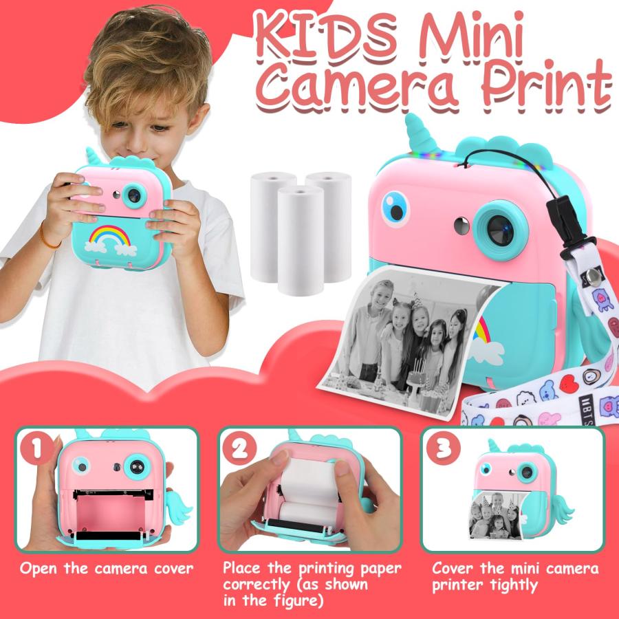 割引通販 Instant Print Camera for Kids，Inkless Sticker Printer for Girls Boys Age 3-12， HD Digital Video Cameras， Mini Thermal Printer Kid Toy Gifts with 3 Rol