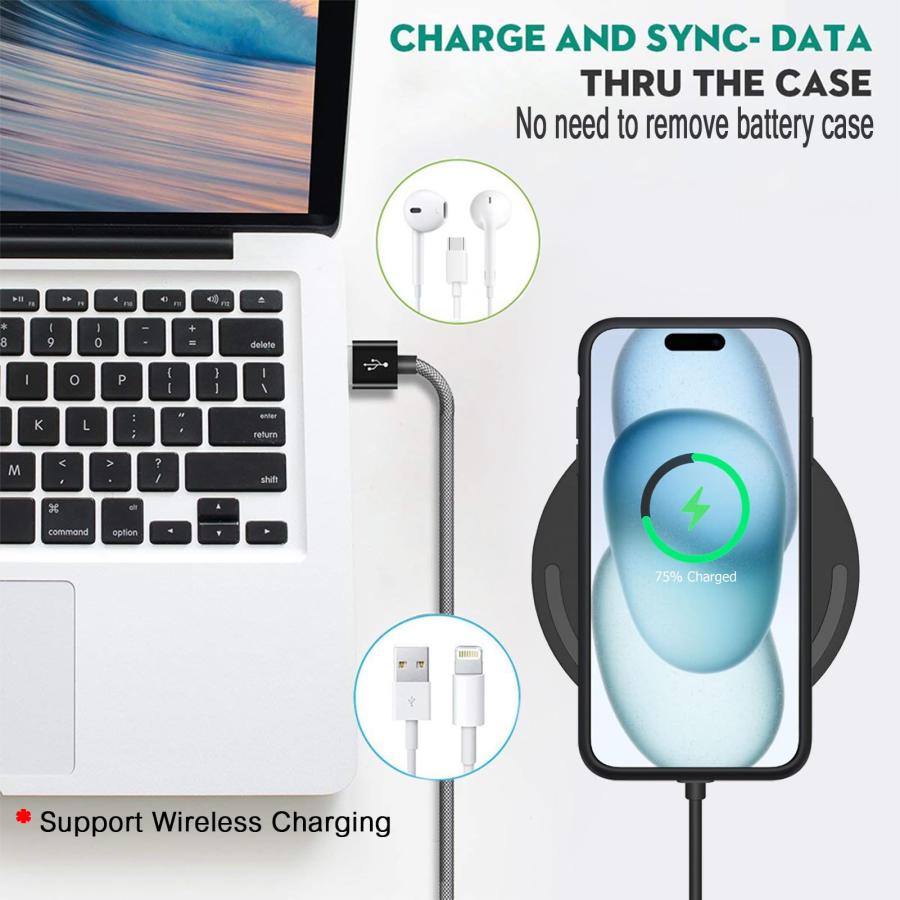 売りネット Wireless Charging Case for iPhone 15， 10000mAh High Capacity Portable Rechargeable Protective Battery Case Wireless Charging Compatible with iPhone 15