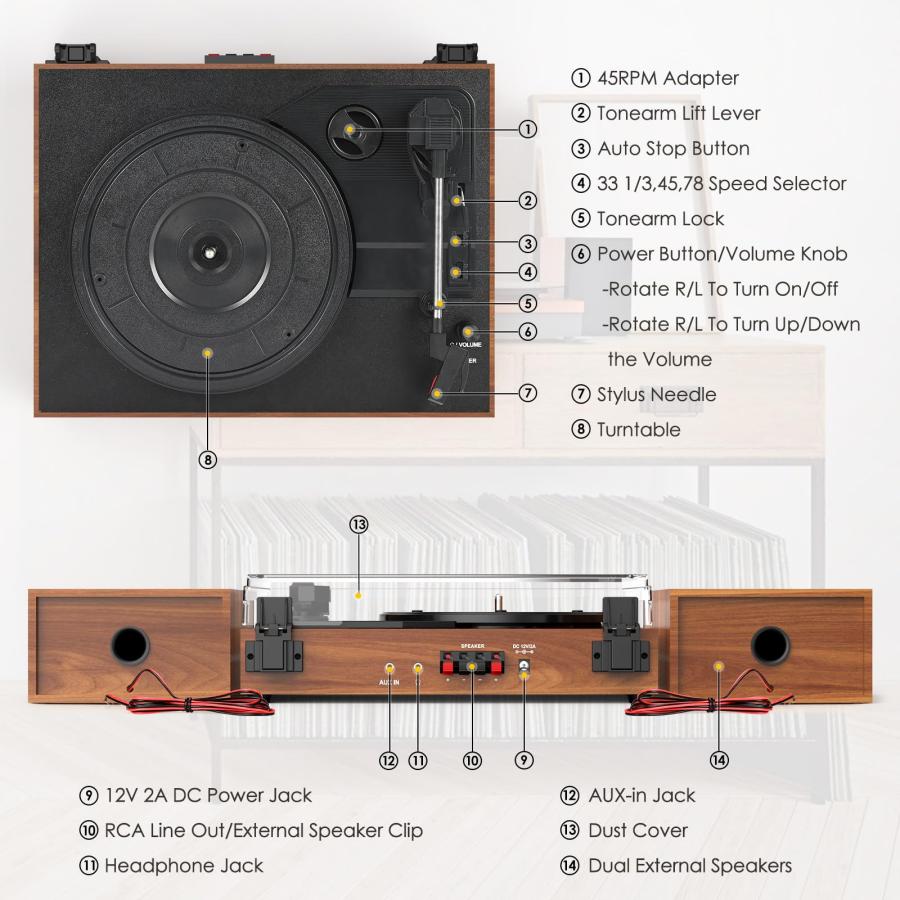 購入新商品 Record Player for Vinyl with External Speakers， Belt-Drive Turntable with Dual Stereo Speakers Vintage Vinyl LP Player Support 3 Speed Wireless AUX He