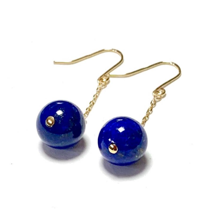 Rvaru】K18ピアス 天然 ラピスラズリ ８mm チェーンフックピアス 無