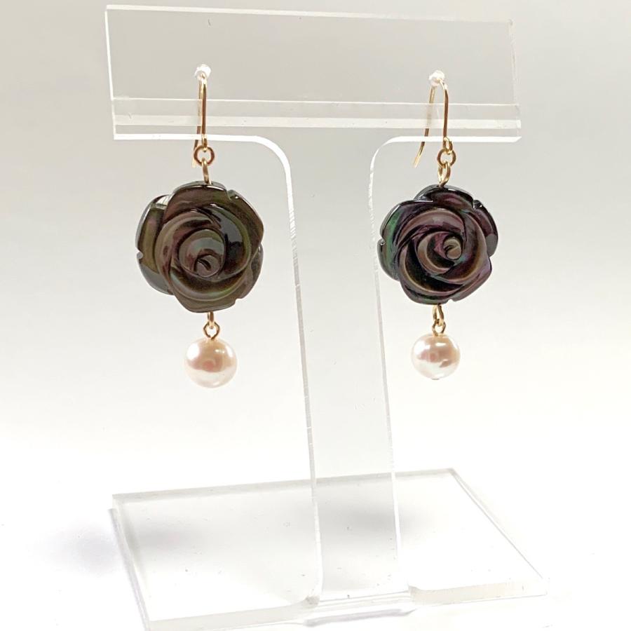 【Rvaru】K18ピアス ブラックシェル 黒蝶貝 薔薇 フラワー 淡水真珠 フックピアス K18YG 18金イエローゴールド アメリカン 誕生石 イヤリング チャーム_3