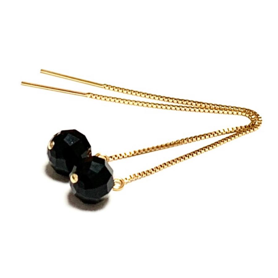 【Rvaru】 K14GF オニキス ピアス イヤリング ブラック 64面 8mm ロングアメリカンピアス 14KGF 14金ゴールドフィルド ロングチェーンピアス 誕生石 天然石の画像