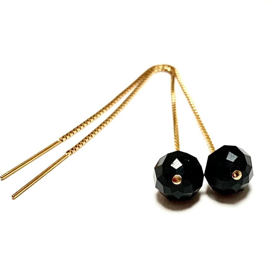【Rvaru】 K14GF オニキス ピアス イヤリング ブラック 64面 8mm ロングアメリカンピアス 14KGF 14金ゴールドフィルド ロングチェーンピアス 誕生石 天然石の画像