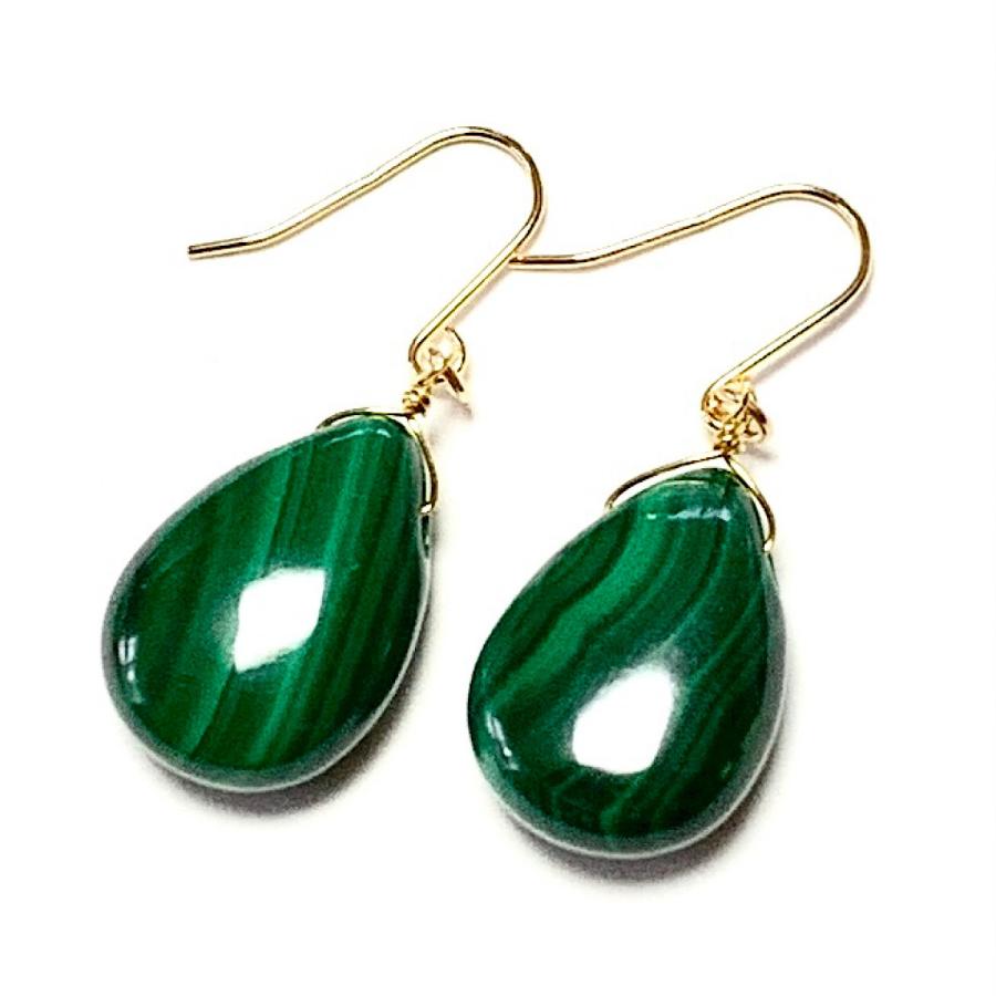 Rvaru】K18ピアス マラカイト (M) 14×10mm ドロップ フックピアス 孔雀  