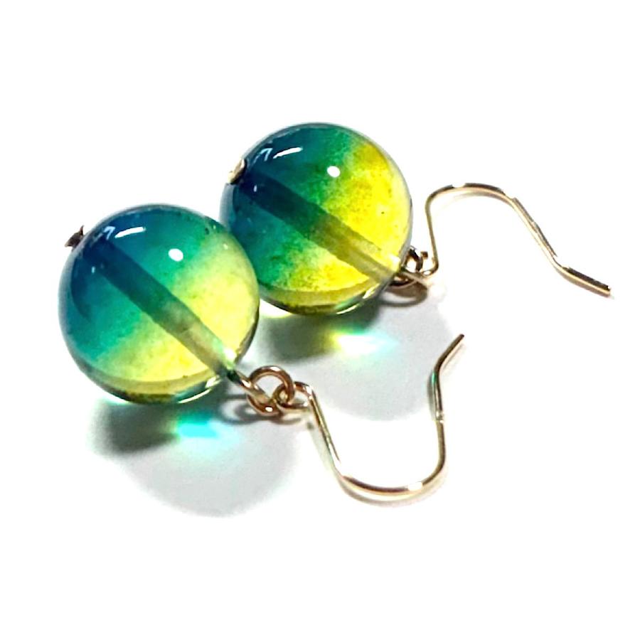 Rvaru】 K18 琥珀 ピアス イヤリング ブルーグリーンアンバー 12mm 