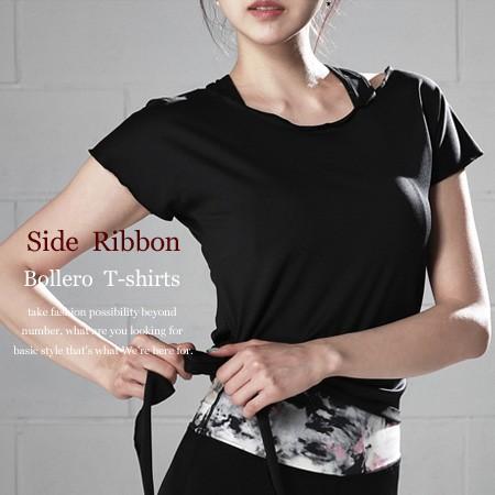 ヨガウェア レディース トップス【サイドリボン結びTシャツ 】ブラック