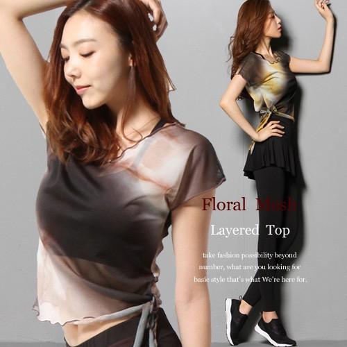 ヨガウェア レディース バレエトップス【レイヤード メッシュTシャツ】M0639 フィットネス ピラティス ホットヨガ 半袖 おしゃれ ブランド シースルー | 